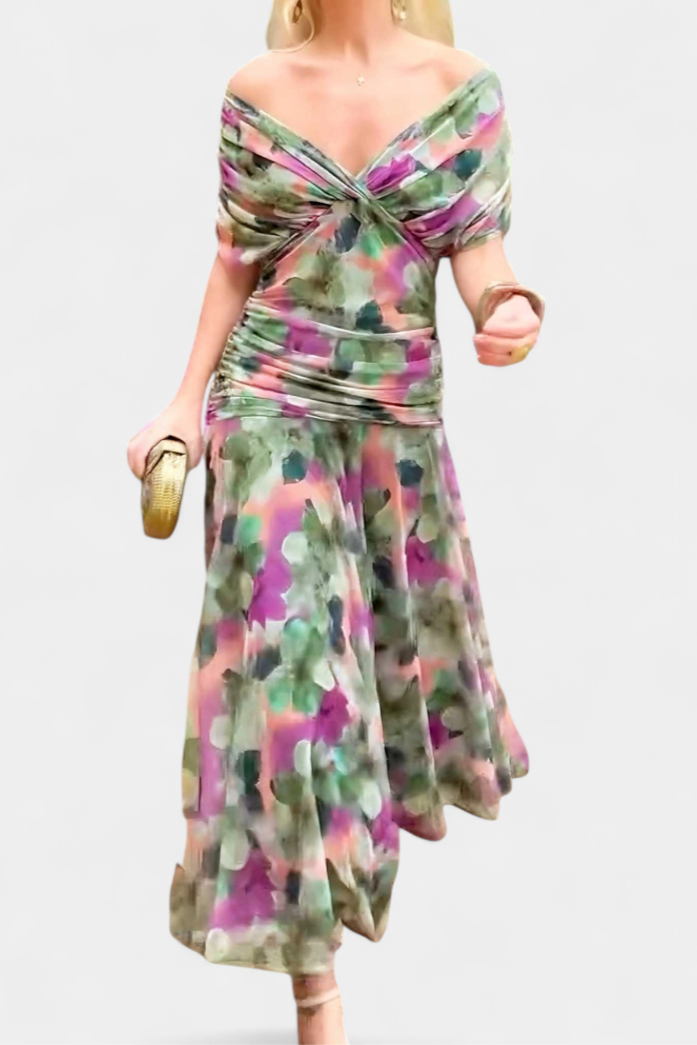 Women's ruched V-neck maxi dress in a vibrant color, perfect for summer formal occasions, featuring elegant flowing fabric and a flattering silhouette. 5