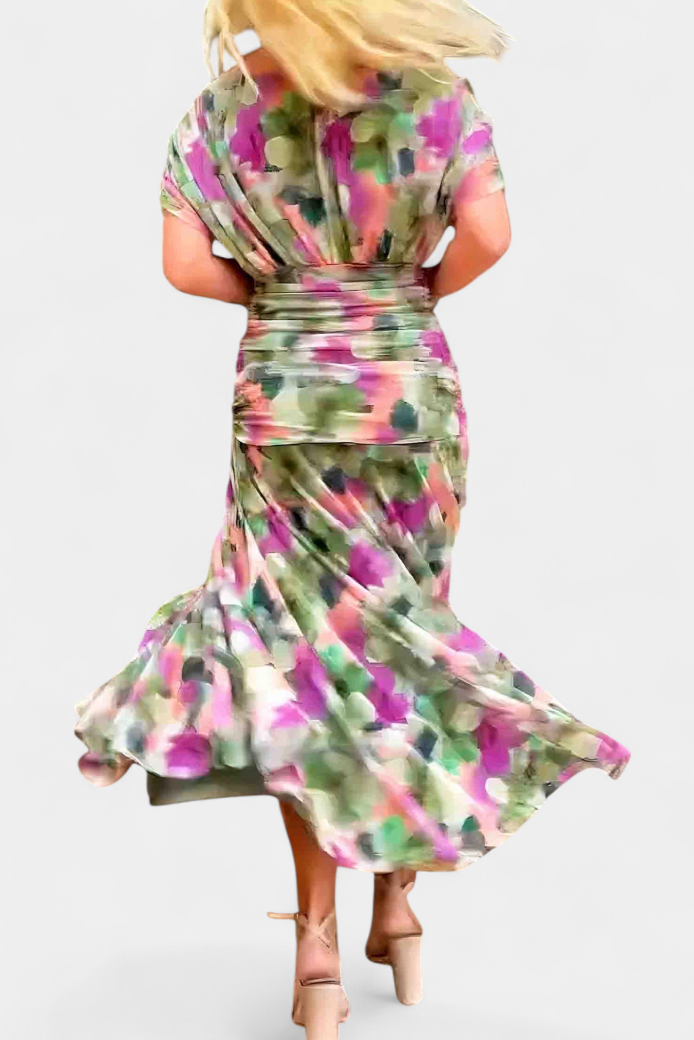 Women's ruched V-neck maxi dress in a vibrant color, perfect for summer formal occasions, featuring elegant flowing fabric and a flattering silhouette. 6