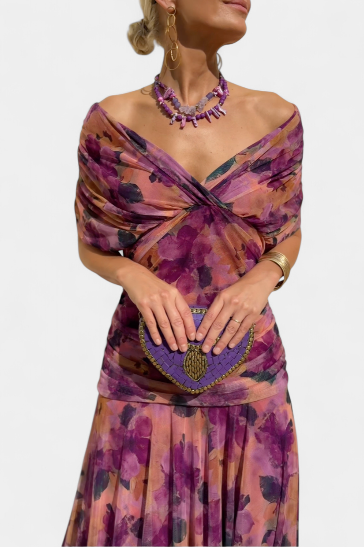 Women's ruched V-neck maxi dress in a vibrant color, perfect for summer formal occasions, featuring elegant flowing fabric and a flattering silhouette. 7