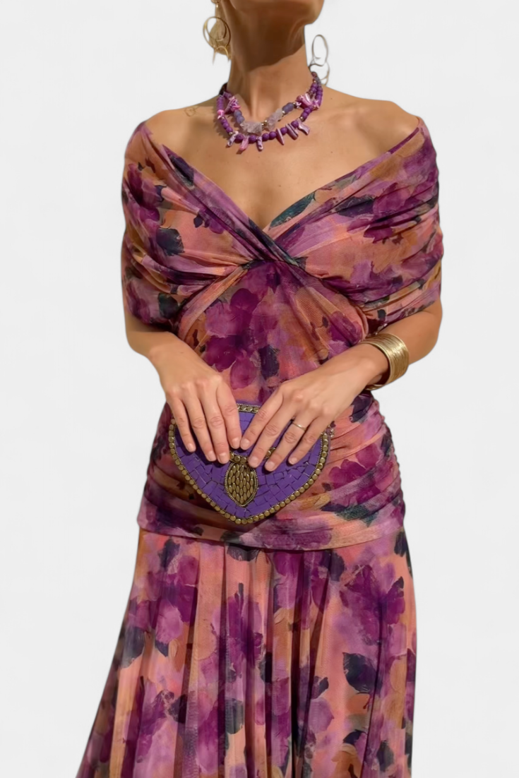 Women's ruched V-neck maxi dress in a vibrant color, perfect for summer formal occasions, featuring elegant flowing fabric and a flattering silhouette. 8