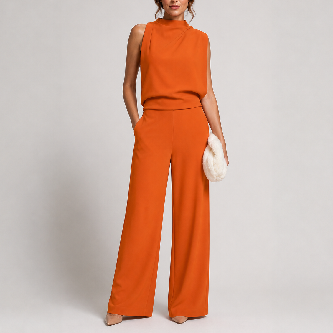Women's sleeveless wide-leg jumpsuit in a stylish design, perfect for casual wear, featuring a comfortable fit and versatile styling options. 4