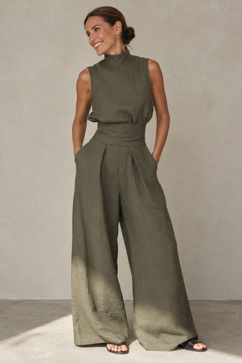 Women's sleeveless wide leg jumpsuit in a stylish design, perfect for casual spring and summer wear, featuring lightweight fabric and a comfortable fit. 0