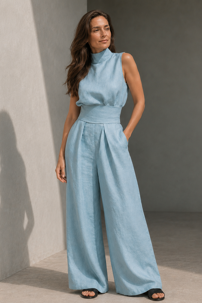 Women's sleeveless wide leg jumpsuit in a stylish design, perfect for casual spring and summer wear, featuring lightweight fabric and a comfortable fit. 2