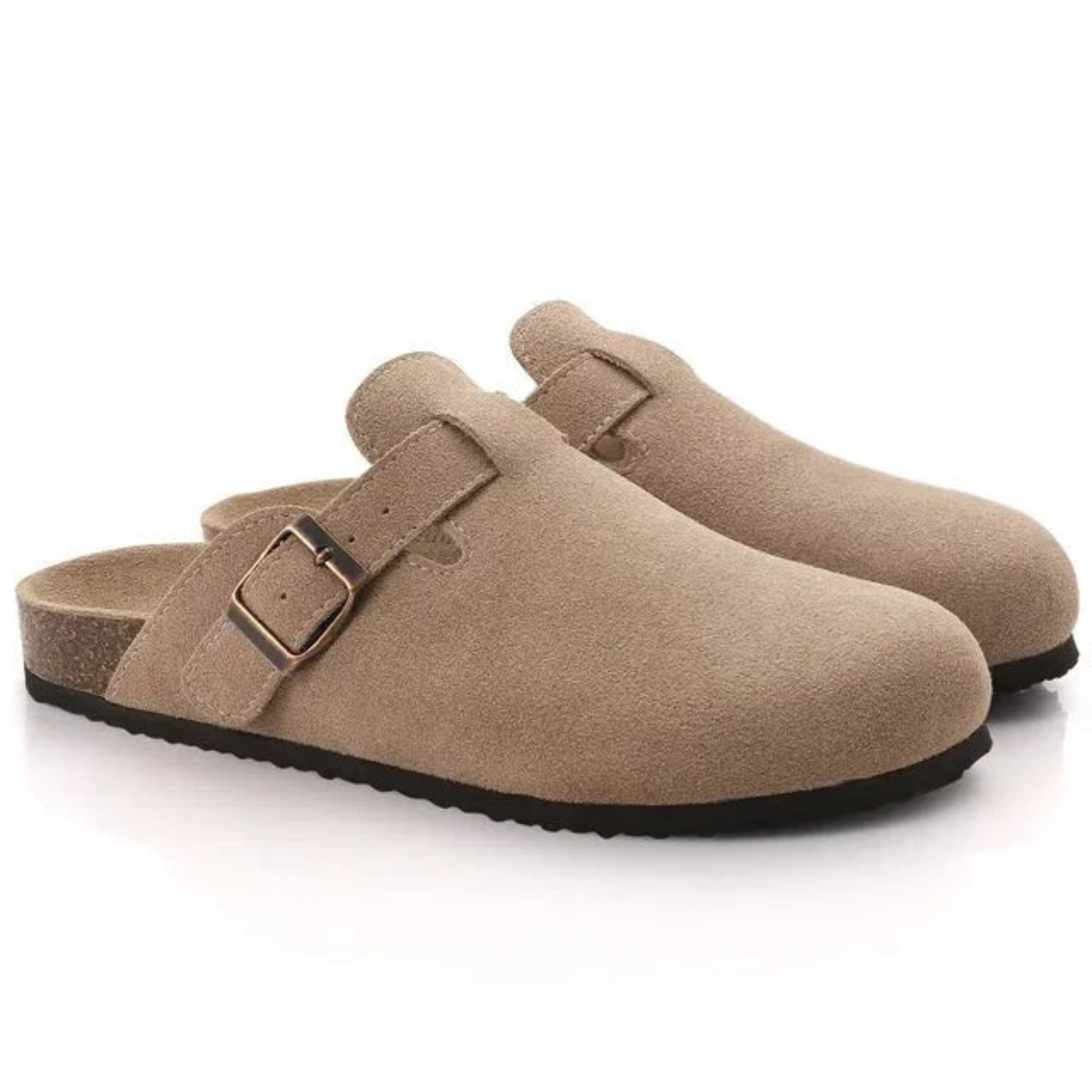 Women's slip-on suede clogs featuring an adjustable buckle, perfect for casual wear and comfortable all-day use. 0