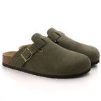 Women's slip-on suede clogs featuring an adjustable buckle, perfect for casual wear and comfortable all-day use. 1