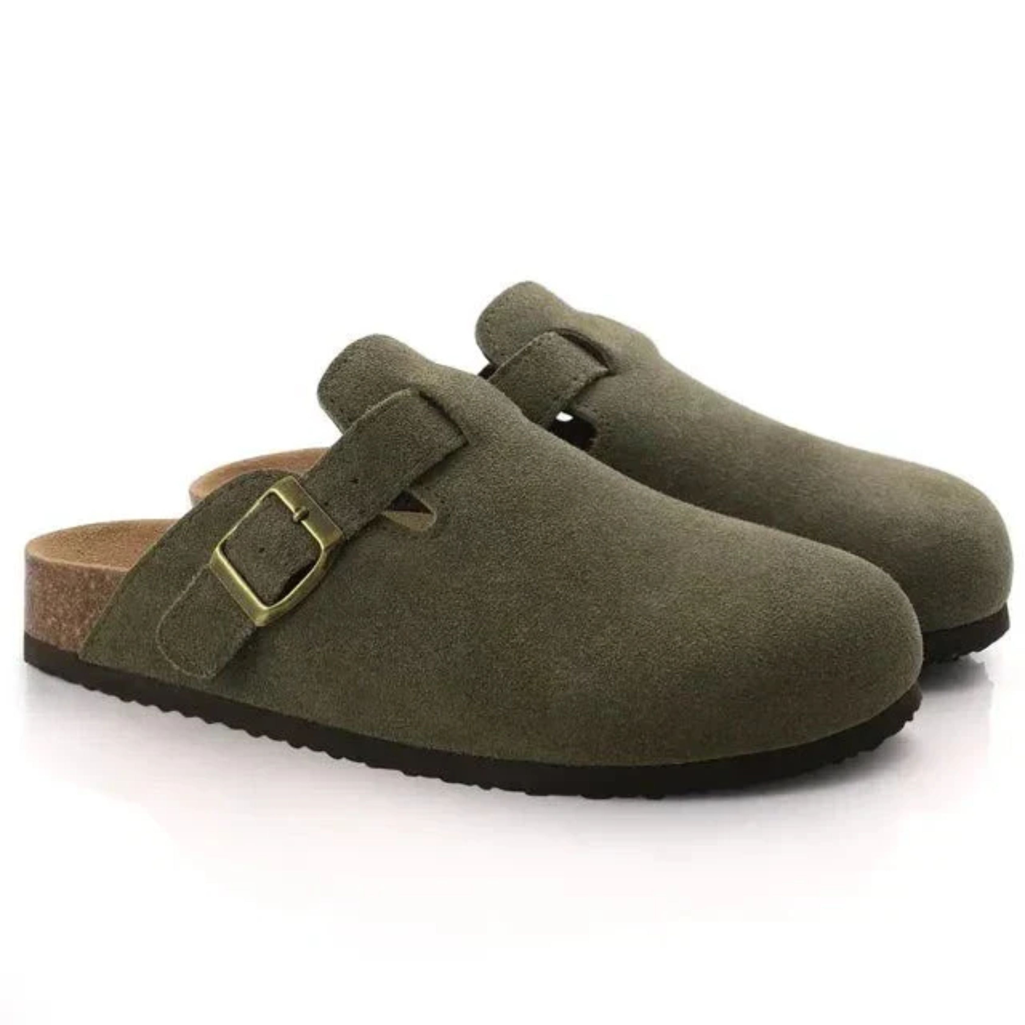 Women's slip-on suede clogs featuring an adjustable buckle, perfect for casual wear and comfortable all-day use. 1