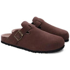 Women's slip-on suede clogs featuring an adjustable buckle, perfect for casual wear and comfortable all-day use. 3