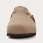 Women's slip-on suede clogs featuring an adjustable buckle, perfect for casual wear and comfortable all-day use. 6