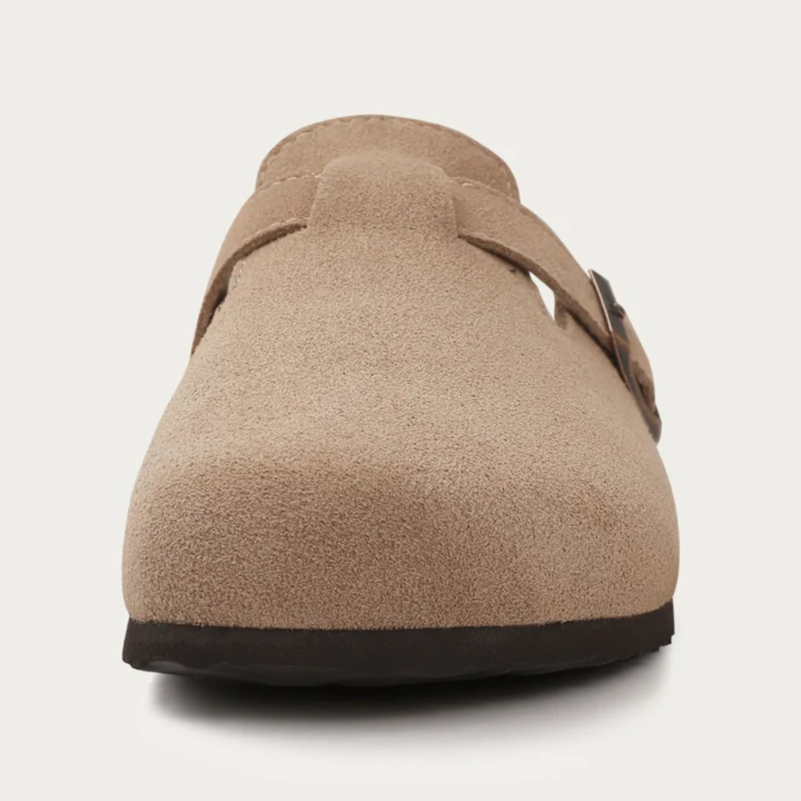 Women's slip-on suede clogs featuring an adjustable buckle, perfect for casual wear and comfortable all-day use. 6