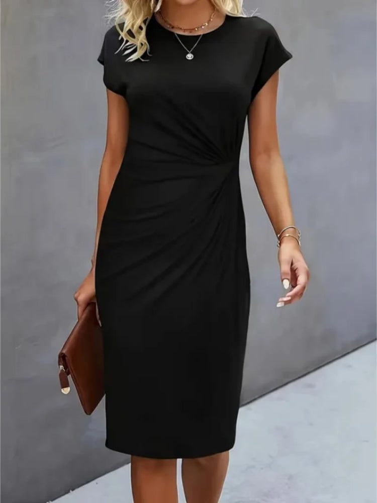 Women's structured midi formal dress with short sleeves, perfect for evening wear, featuring a tailored silhouette and elegant design ideal for special occasions. 0