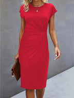 Women's structured midi formal dress with short sleeves, perfect for evening wear, featuring a tailored silhouette and elegant design ideal for special occasions. 1