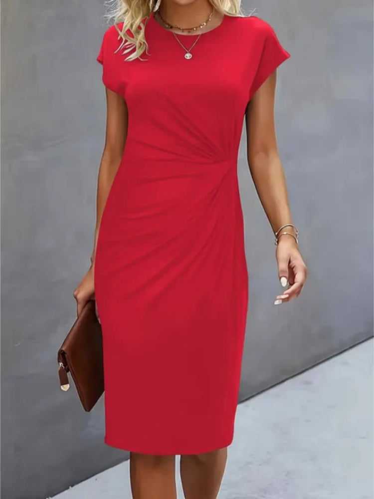 Women's structured midi formal dress with short sleeves, perfect for evening wear, featuring a tailored silhouette and elegant design ideal for special occasions. 1