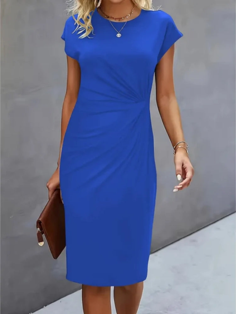 Women's structured midi formal dress with short sleeves, perfect for evening wear, featuring a tailored silhouette and elegant design ideal for special occasions. 2