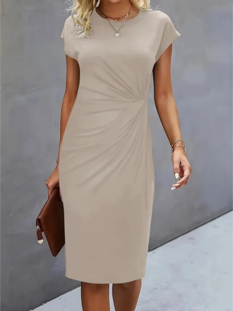 Women's structured midi formal dress with short sleeves, perfect for evening wear, featuring a tailored silhouette and elegant design ideal for special occasions. 4