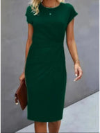 Women's structured midi formal dress with short sleeves, perfect for evening wear, featuring a tailored silhouette and elegant design ideal for special occasions. 5