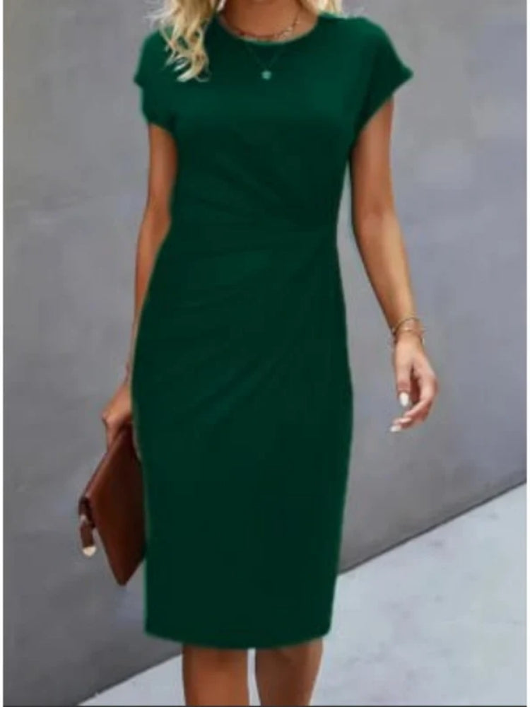 Women's structured midi formal dress with short sleeves, perfect for evening wear, featuring a tailored silhouette and elegant design ideal for special occasions. 5