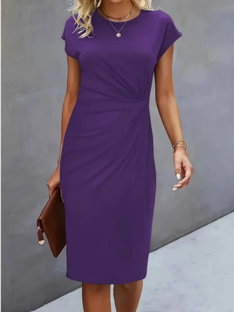 Women's structured midi formal dress with short sleeves, perfect for evening wear, featuring a tailored silhouette and elegant design ideal for special occasions. 7