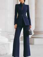 Women's tailored blazer and wide leg trousers set in a sophisticated design, perfect for business formal occasions, featuring a flattering fit and elegant style. 0