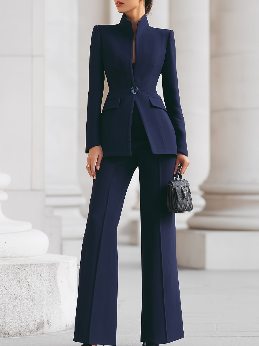 Women's tailored blazer and wide leg trousers set in a sophisticated design, perfect for business formal occasions, featuring a flattering fit and elegant style. 0