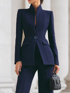 Women's tailored blazer and wide leg trousers set in a sophisticated design, perfect for business formal occasions, featuring a flattering fit and elegant style. 1