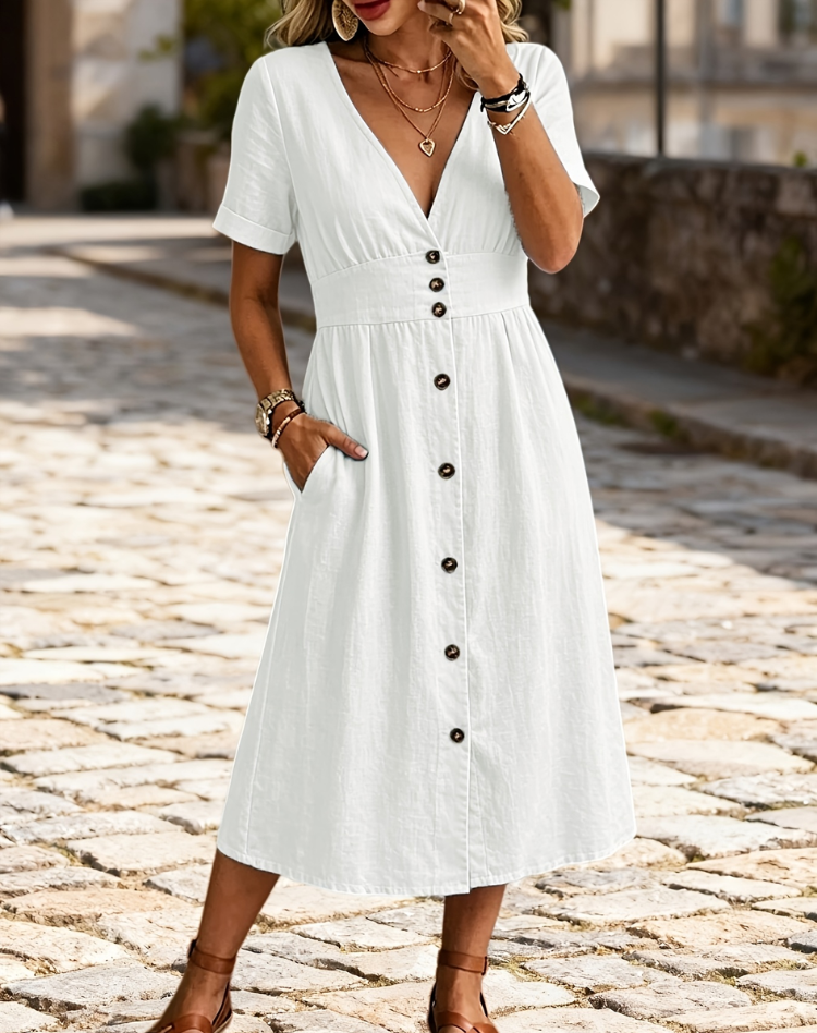 Women's tailored V neck midi dress in a stylish design, perfect for summer casual occasions, featuring a flattering silhouette and lightweight fabric for comfort. 0