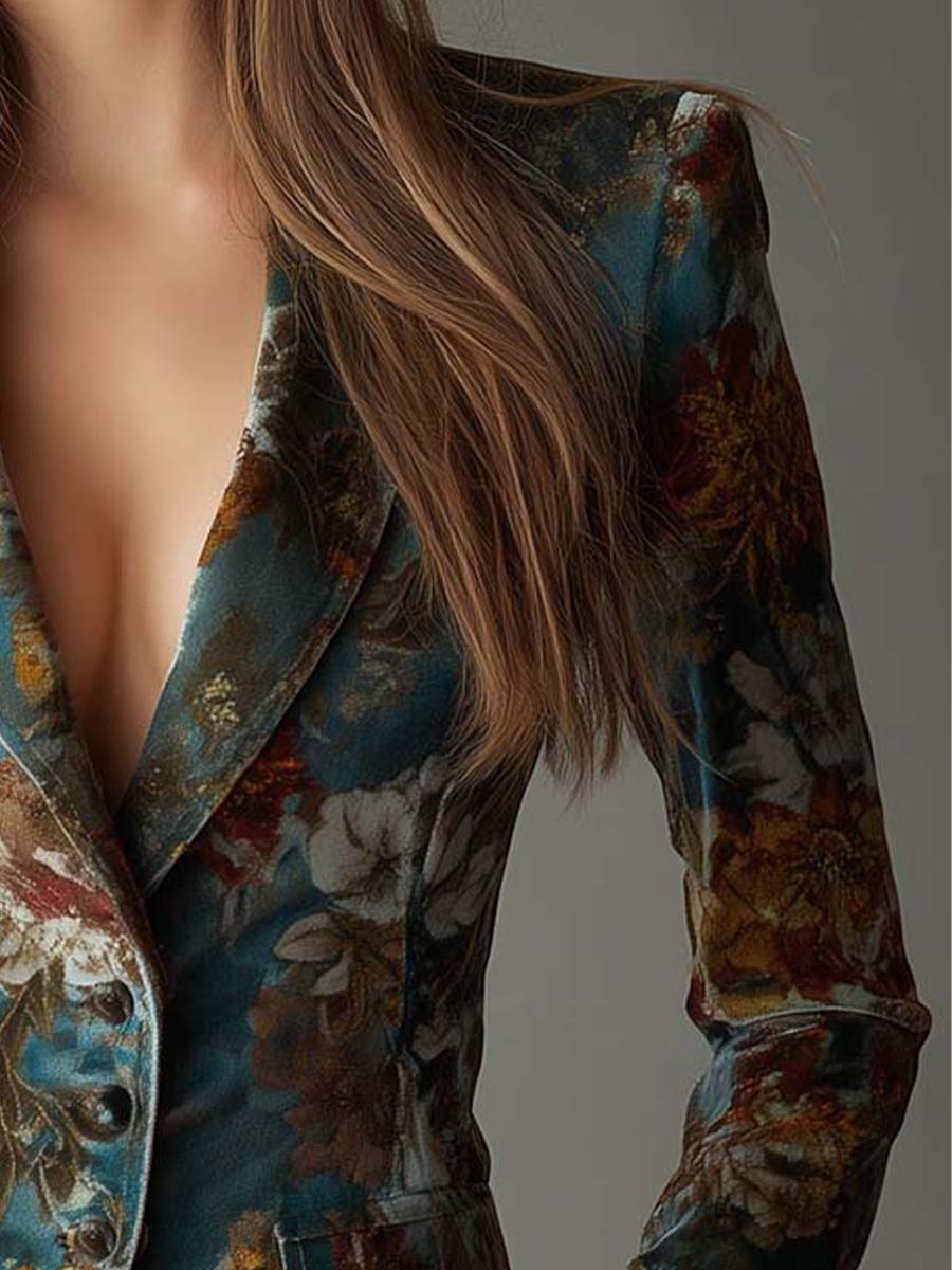 Women's tailored vintage floral velvet blazer in rich hues, perfect for casual outings or elegant evening wear, featuring a sophisticated design and flattering fit. 3