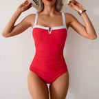 Women's V-Neck One-Piece Swimsuit featuring a stylish design, perfect for beach and pool outings, available in various colors and sizes. 2
