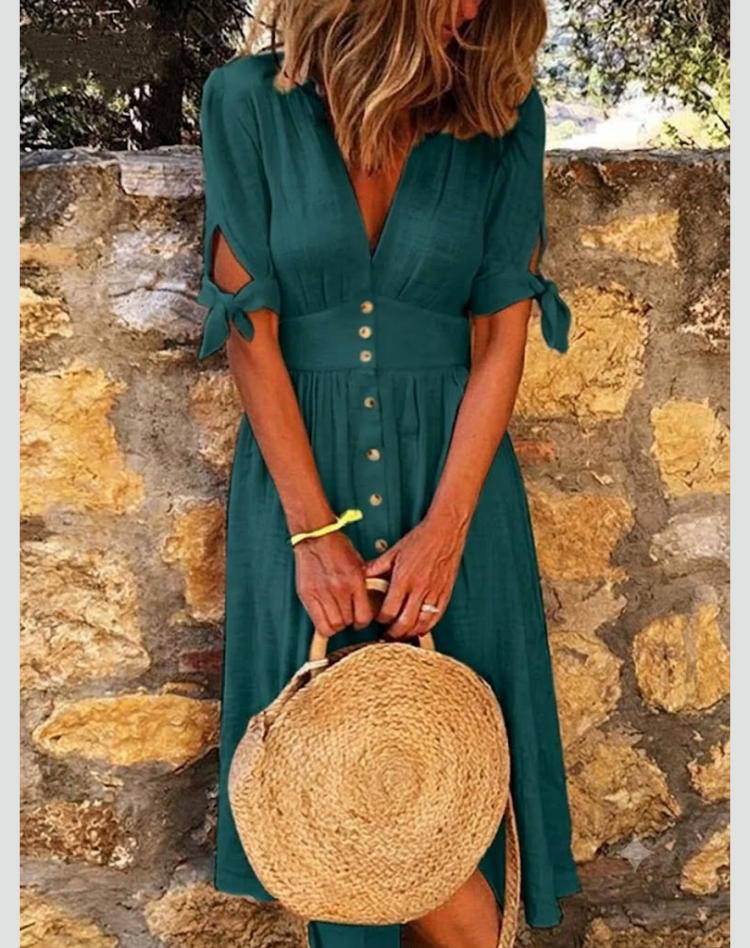 Women's V Neck Midi Dress featuring stylish button details, perfect for summer outings and casual gatherings. 0