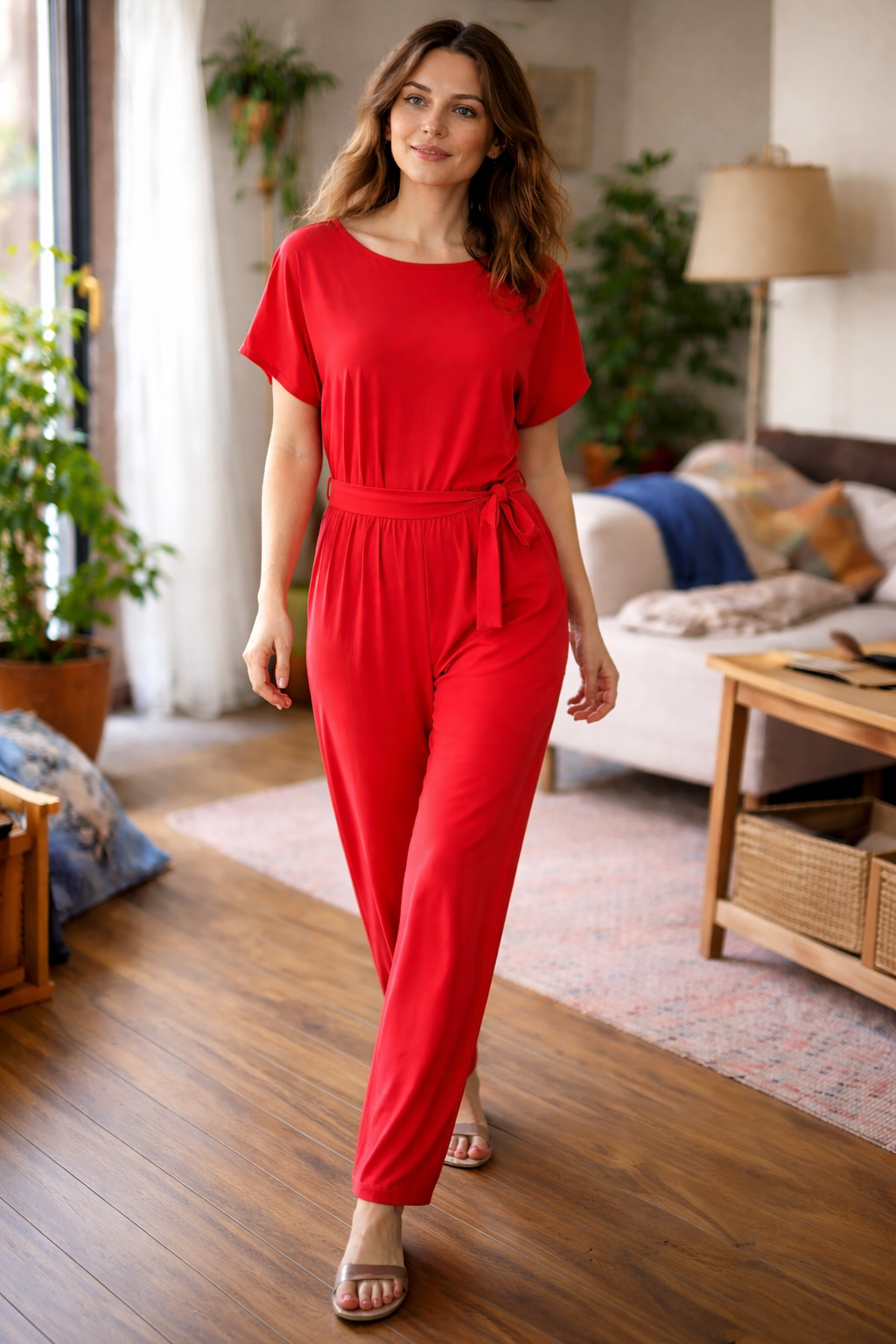Women's wide leg jumpsuit featuring short sleeves and a stylish tie belt, perfect for casual and dressy occasions. 0