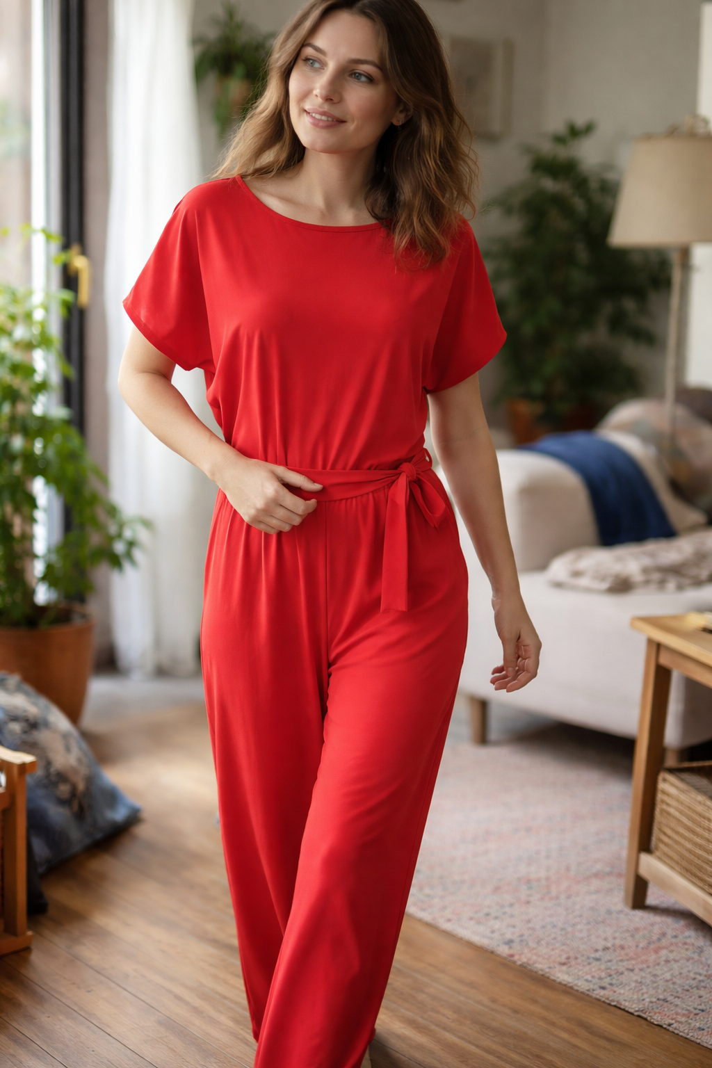 Women's wide leg jumpsuit featuring short sleeves and a stylish tie belt, perfect for casual and dressy occasions. 1