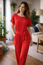 Women's wide leg jumpsuit featuring short sleeves and a stylish tie belt, perfect for casual and dressy occasions. 2