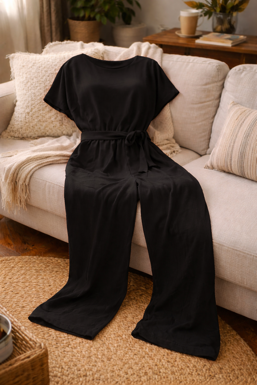 Women's wide leg jumpsuit featuring short sleeves and a stylish tie belt, perfect for casual and dressy occasions. 3