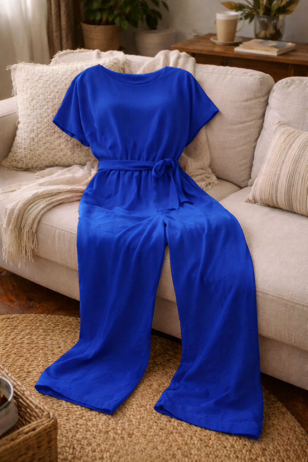 Women's wide leg jumpsuit featuring short sleeves and a stylish tie belt, perfect for casual and dressy occasions. 4