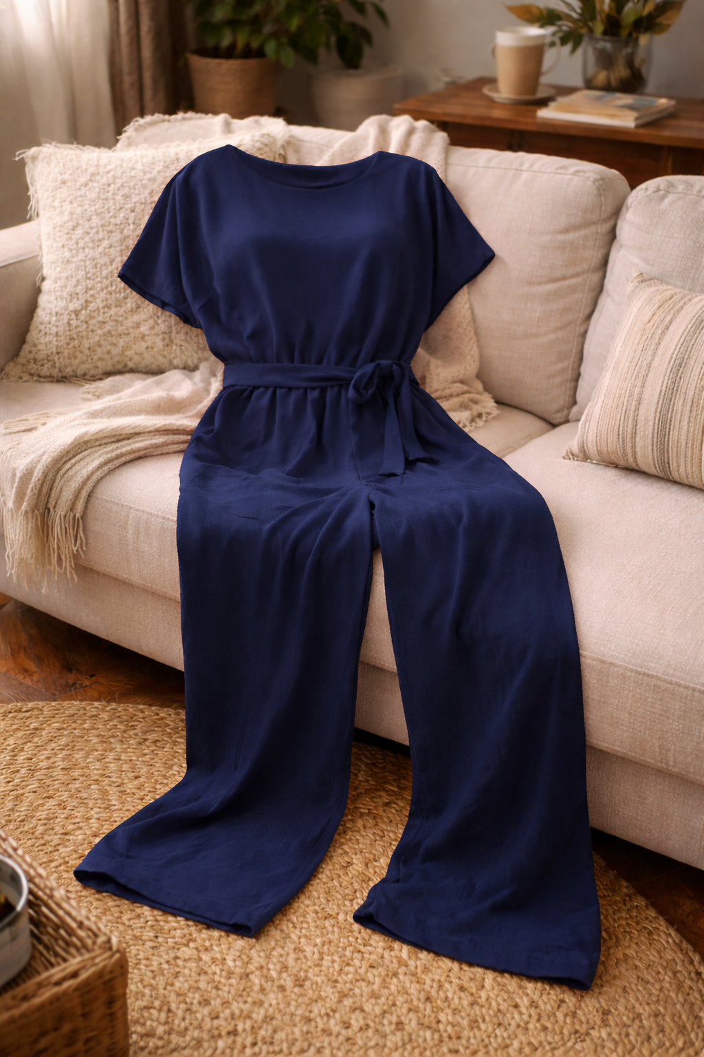 Women's wide leg jumpsuit featuring short sleeves and a stylish tie belt, perfect for casual and dressy occasions. 5