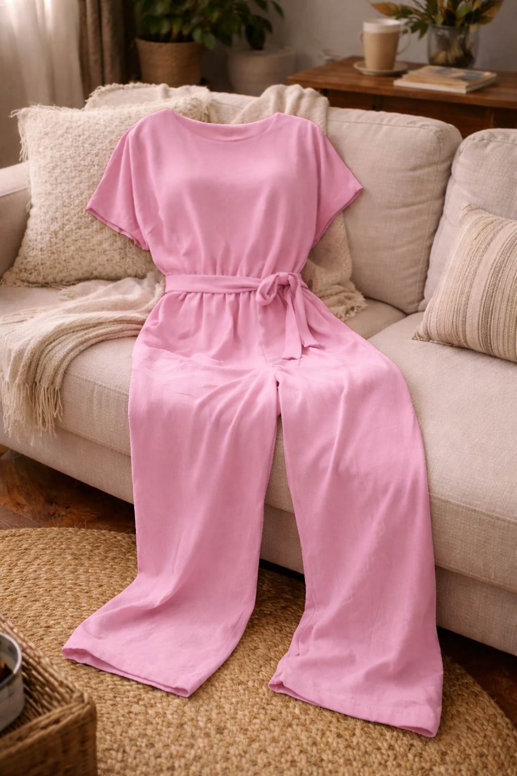 Women's wide leg jumpsuit featuring short sleeves and a stylish tie belt, perfect for casual and dressy occasions. 6