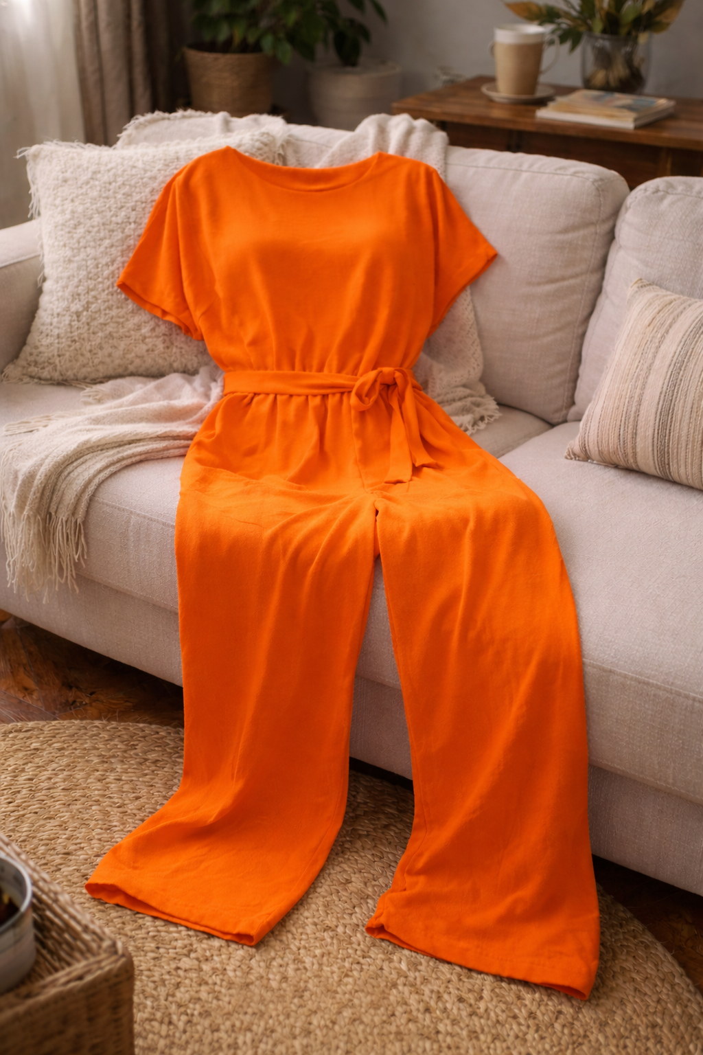 Women's wide leg jumpsuit featuring short sleeves and a stylish tie belt, perfect for casual and dressy occasions. 7