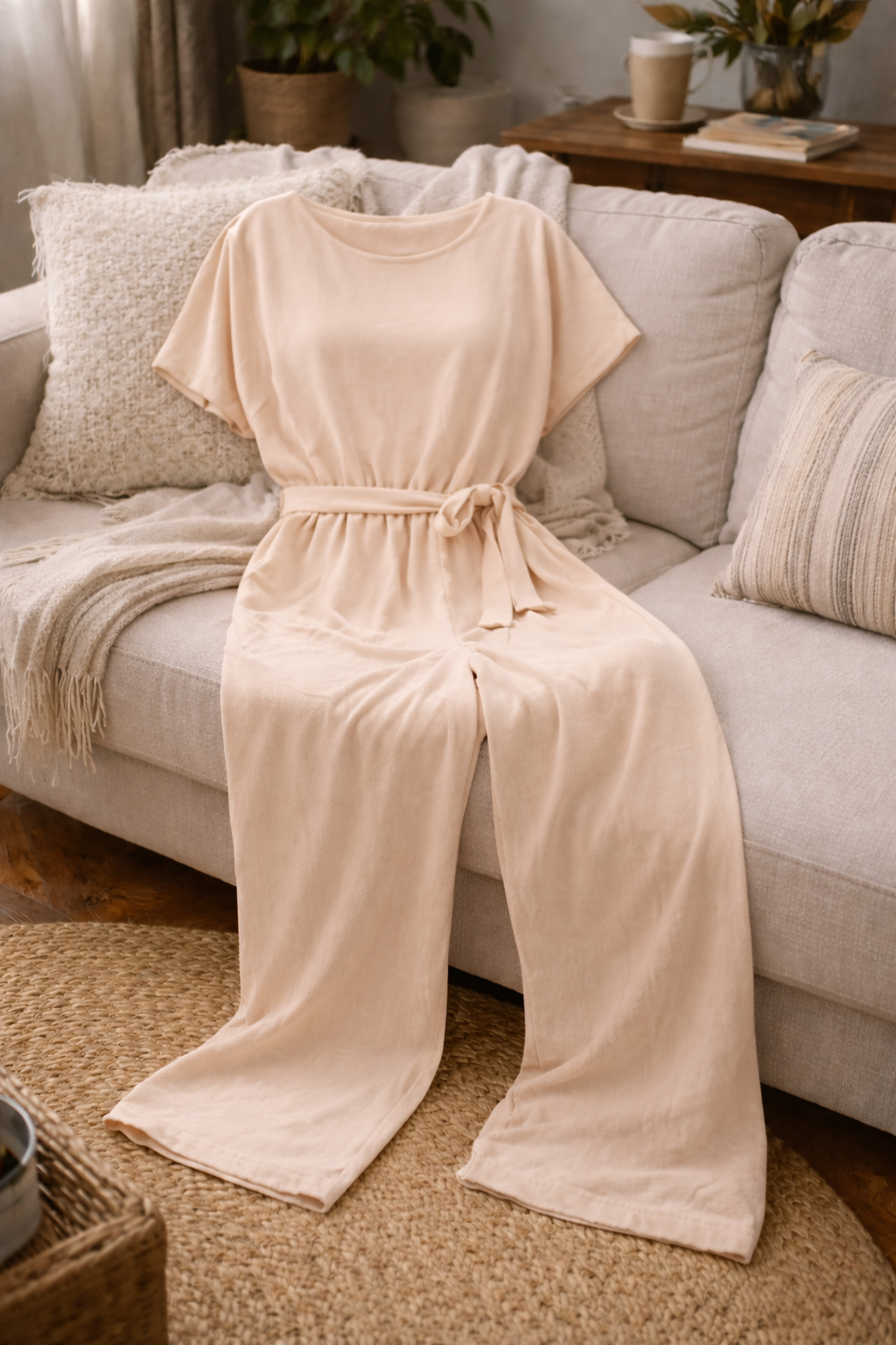 Women's wide leg jumpsuit featuring short sleeves and a stylish tie belt, perfect for casual and dressy occasions. 8