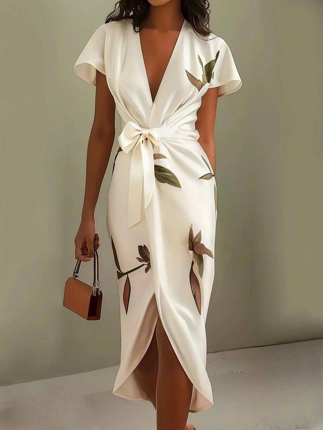 Plus size women's wrap dress featuring a tie waist, designed for formal summer occasions, showcasing a flattering silhouette and elegant style. 0