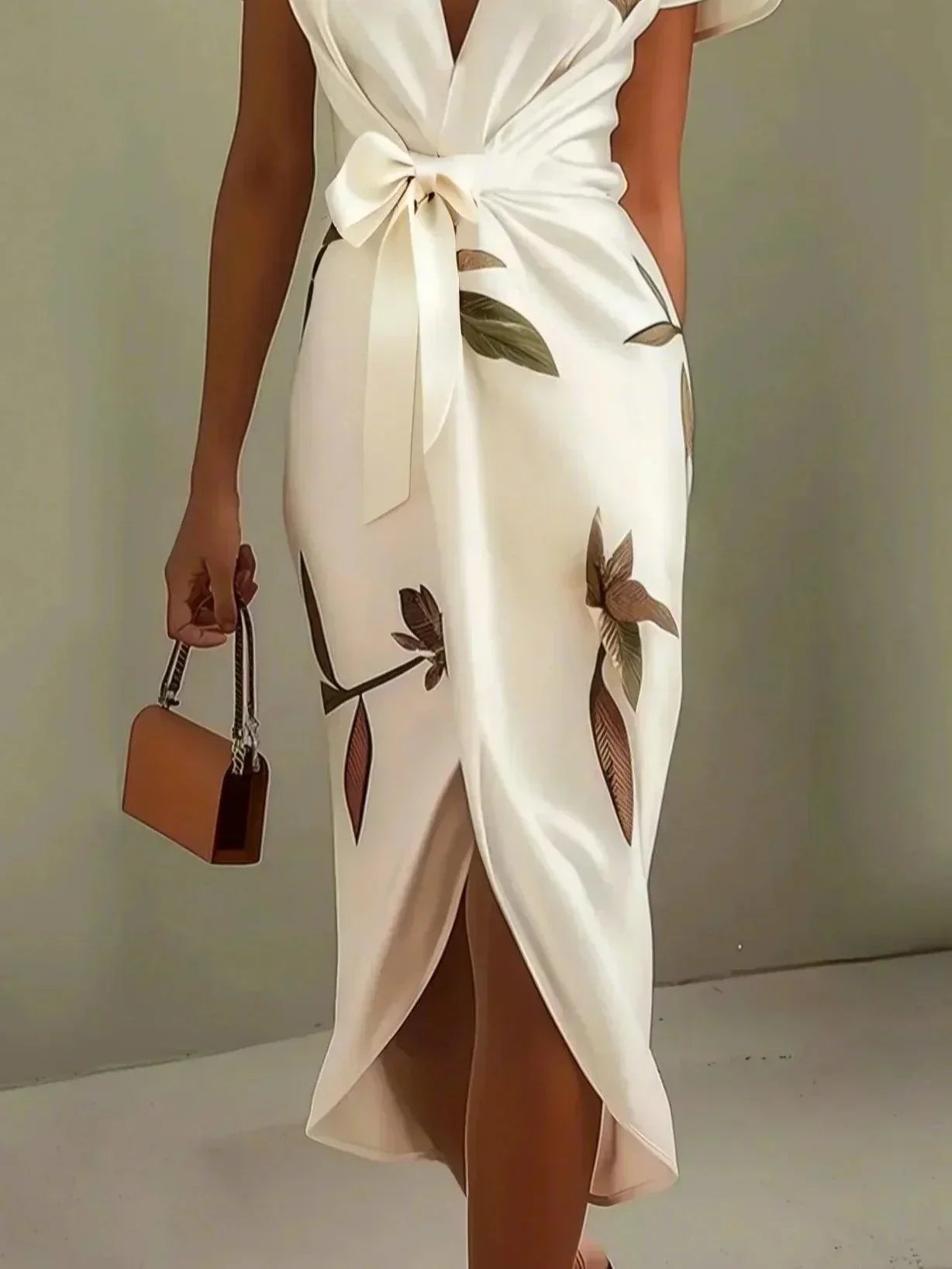 Plus size women's wrap dress featuring a tie waist, designed for formal summer occasions, showcasing a flattering silhouette and elegant style. 4