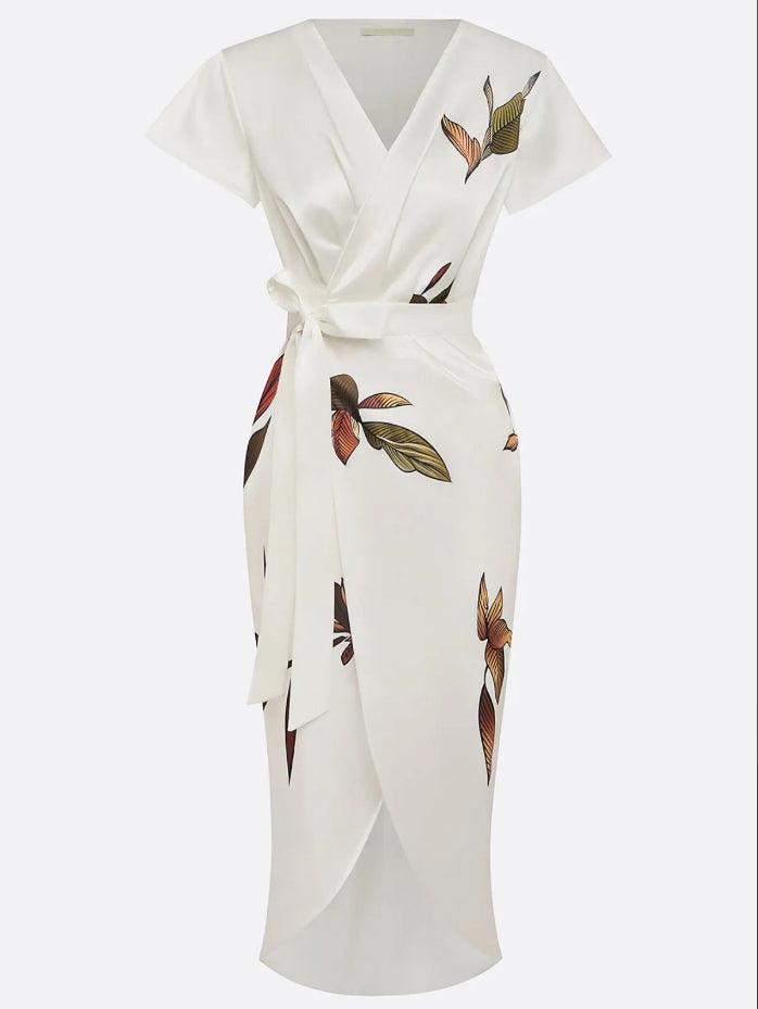 Plus size women's wrap dress featuring a tie waist, designed for formal summer occasions, showcasing a flattering silhouette and elegant style. 5