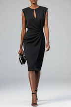 Cocktail Midi Dress Keyhole Neck Ruched Waist