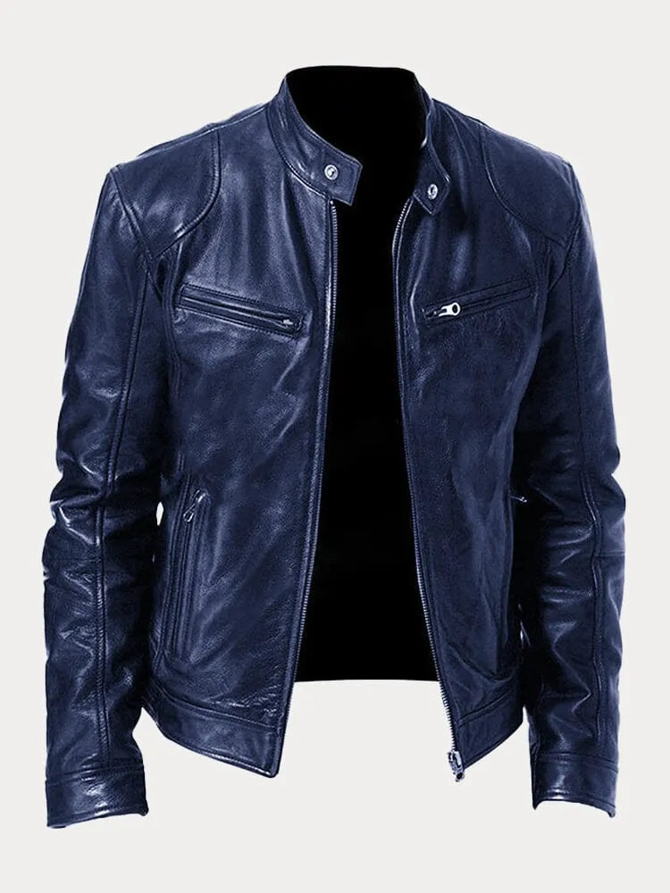 Men's classic leather jacket in dark blue