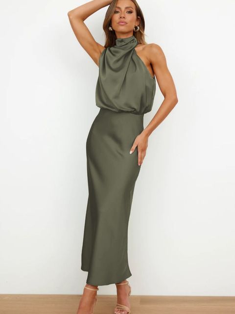 Satin Halter Neck Bodycon Maxi Dress