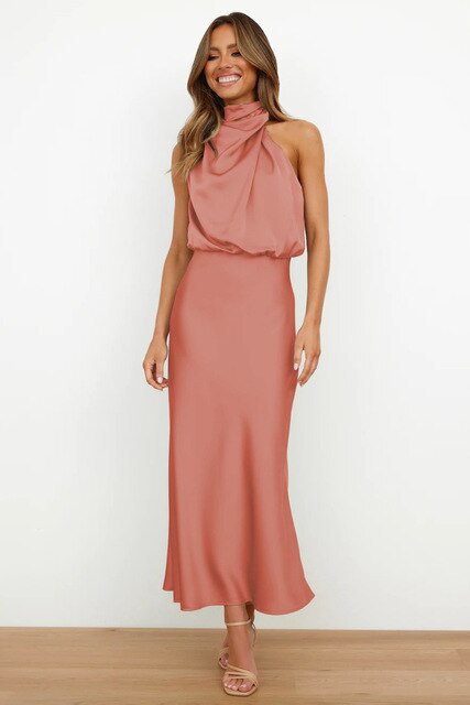 Satin Halter Neck Bodycon Maxi Dress