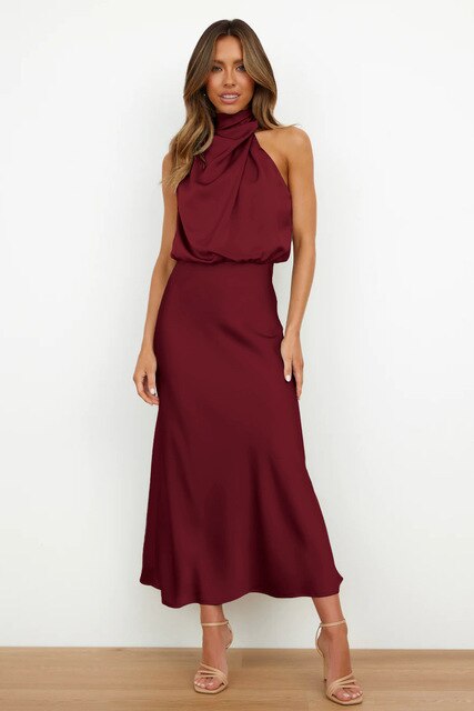 Satin Halter Neck Bodycon Maxi Dress