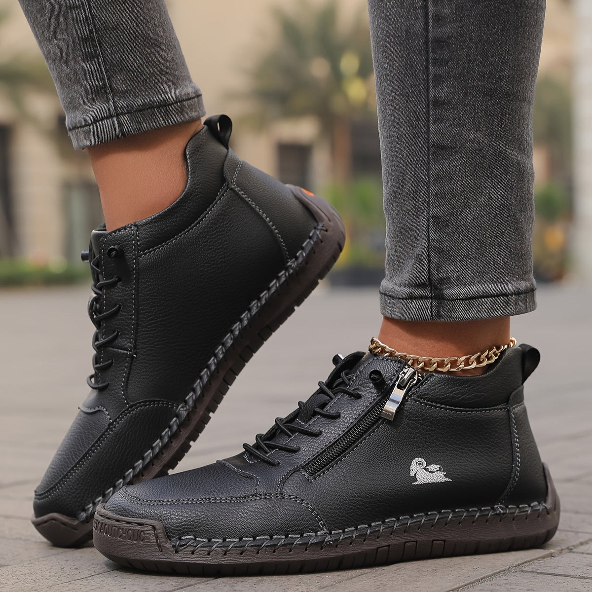 Women's arch support lace up ankle sneakers with wide toe box in black