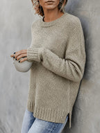 Women's marled knit crew neck sweater with side slits