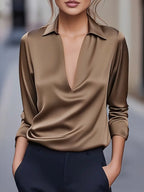 Draped neck long sleeve blouse in brown