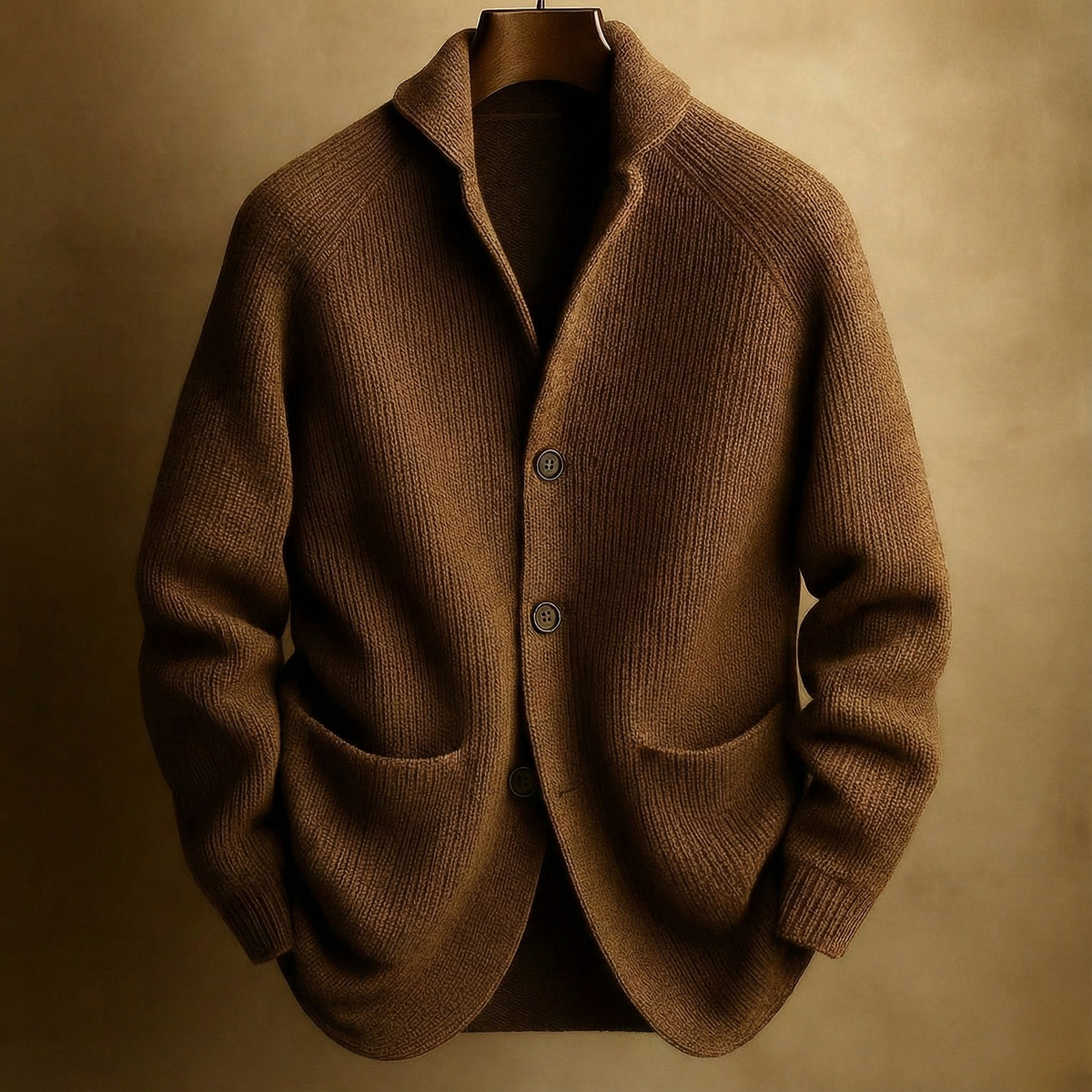 Men's ribbed wool blend shawl collar cardigan in brown