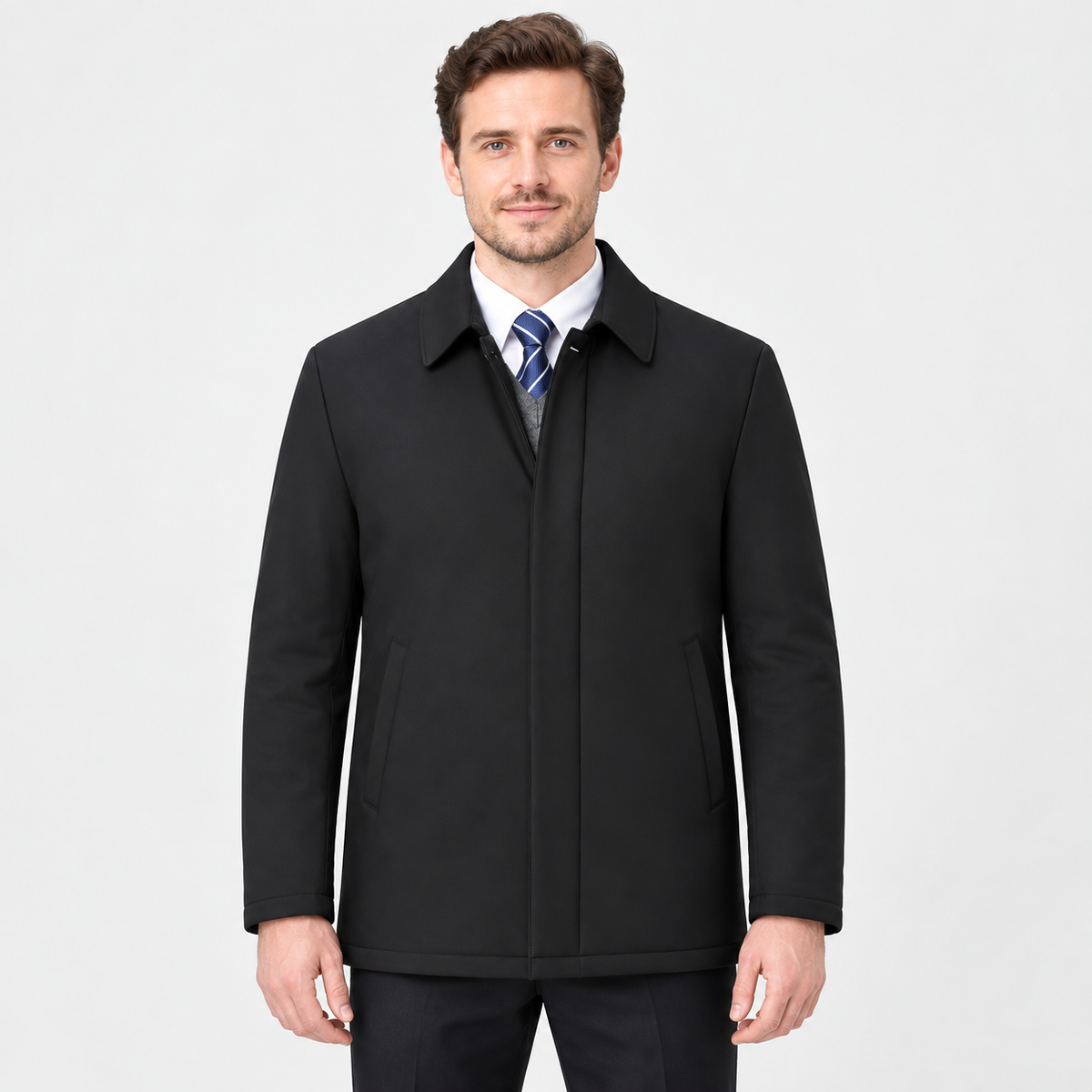 Lined lapel collar winter jacket in black